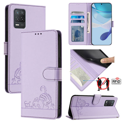 Realme 8 5G Cat & Rat Embossed RFID Leather Case, Lanyard, Wallet, Card Slots, Kickstand, Anti-Fall, Scratch-Resistant