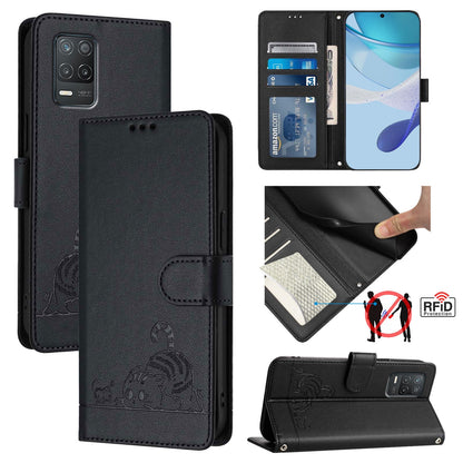 Realme Q3 5G Cat & Rat Embossed RFID Leather Case, Lanyard, Wallet, Card Slots, Kickstand, Anti-Fall, Scratch-Resistant