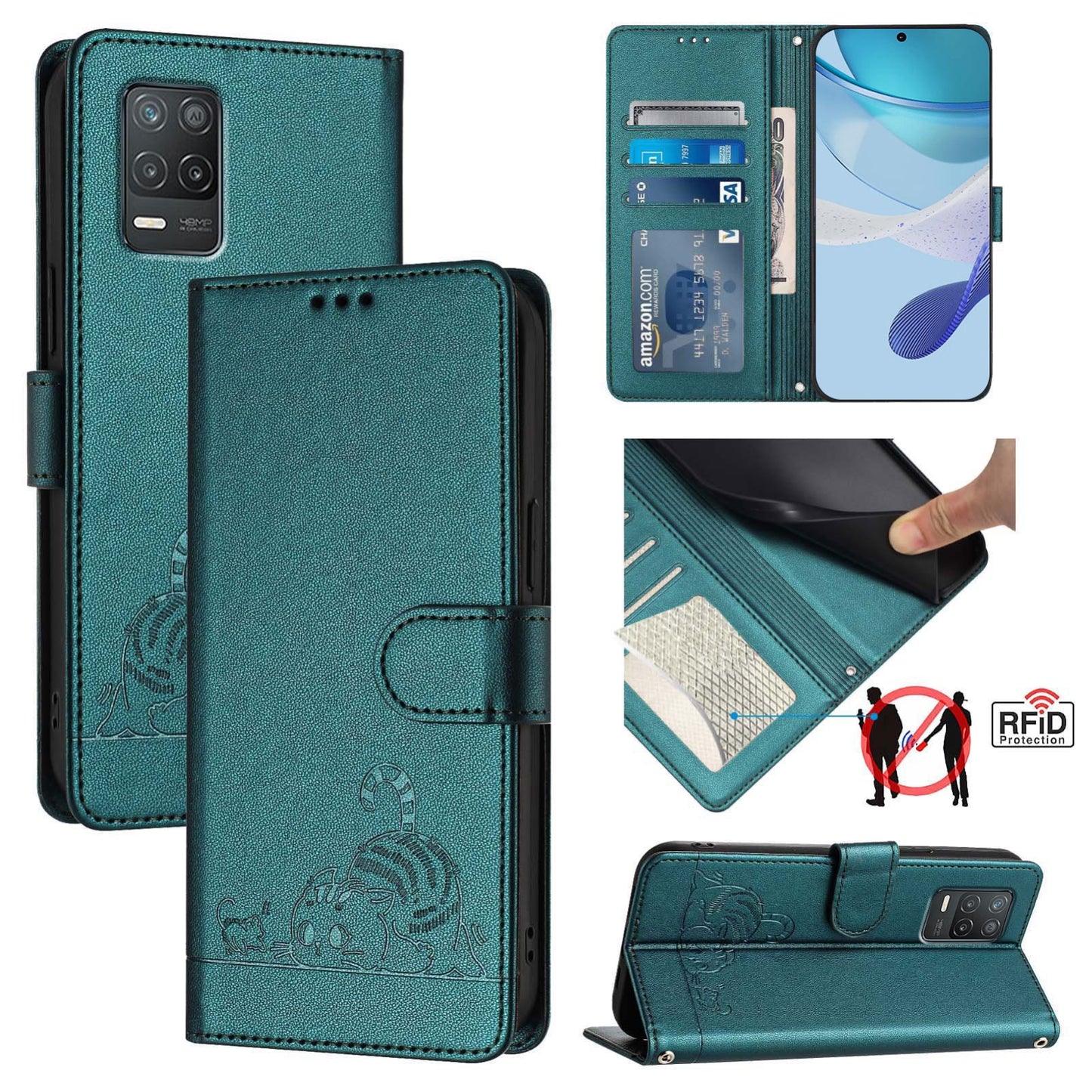 Realme V13 5G Cat & Rat Embossed RFID Leather Case, Lanyard, Wallet, Card Slots, Kickstand, Anti-Fall, Scratch-Resistant