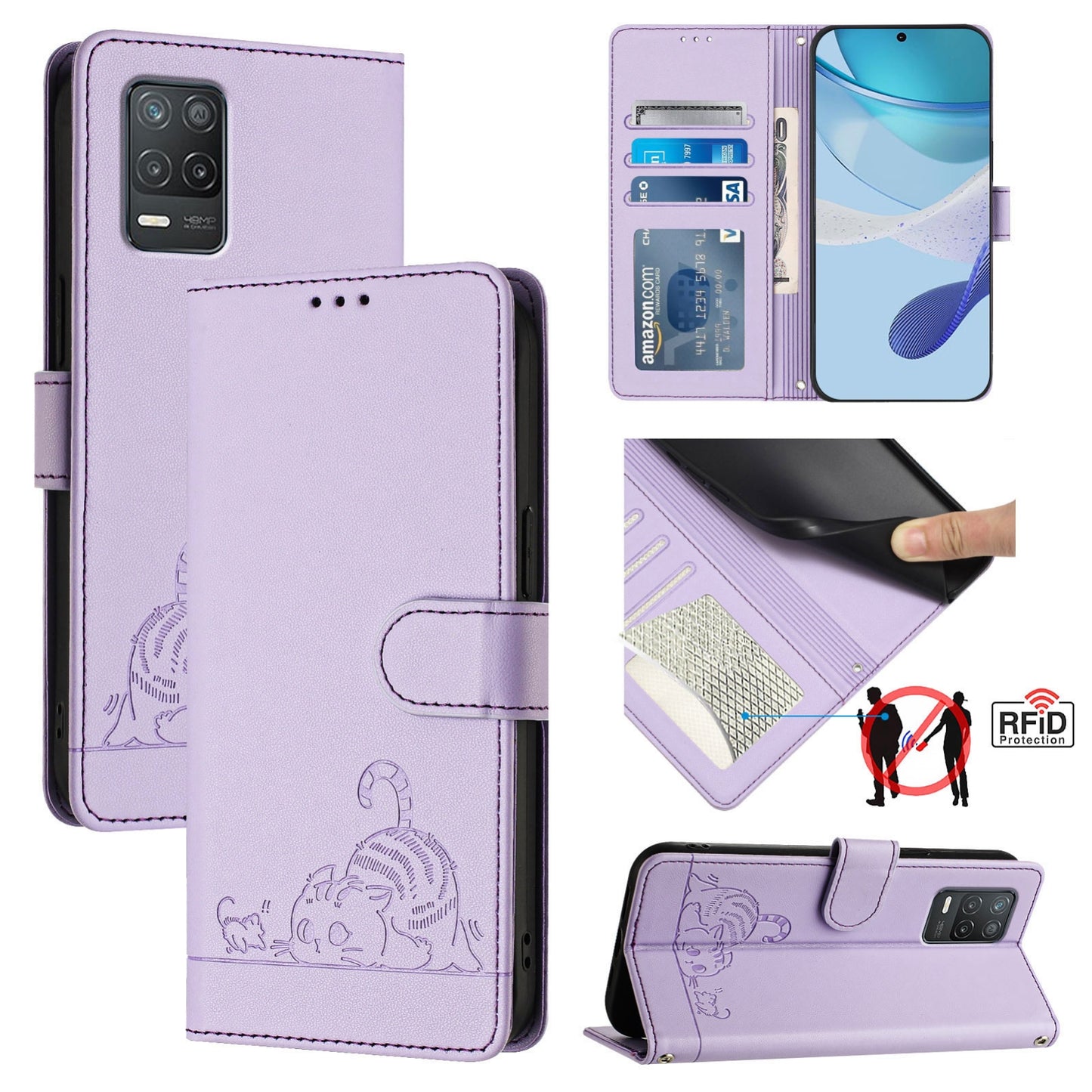 Realme Q3 5G Cat & Rat Embossed RFID Leather Case, Lanyard, Wallet, Card Slots, Kickstand, Anti-Fall, Scratch-Resistant