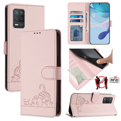 Realme Q3i 5G Cat & Rat Embossed RFID Leather Case, Lanyard, Wallet, Card Slots, Kickstand, Anti-Fall, Scratch-Resistant