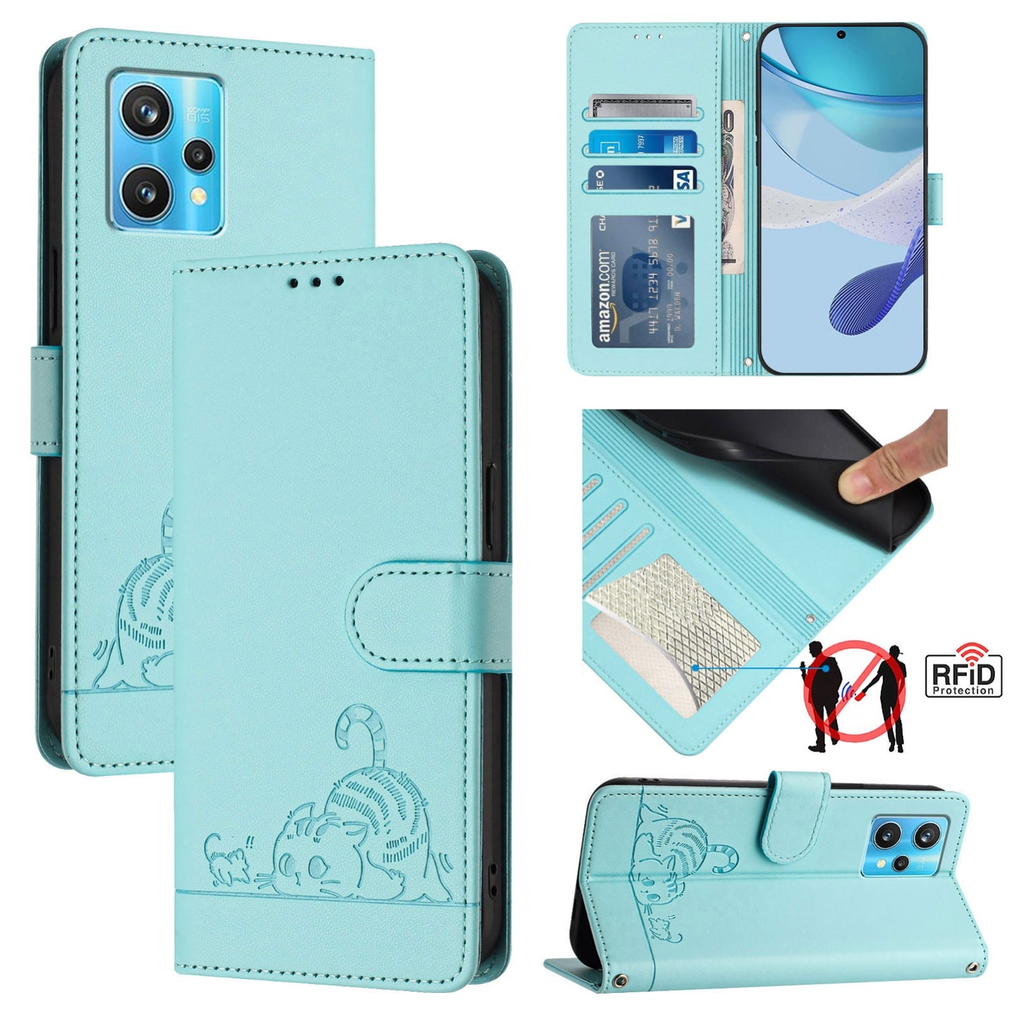 Realme 9 Pro+ 5G Cat & Rat Embossed RFID Leather Case, Lanyard, Wallet, Card Slots, Kickstand, Anti-Fall, Scratch-Resistant