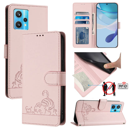 Realme 9 Pro+ 5G Cat & Rat Embossed RFID Leather Case, Lanyard, Wallet, Card Slots, Kickstand, Anti-Fall, Scratch-Resistant