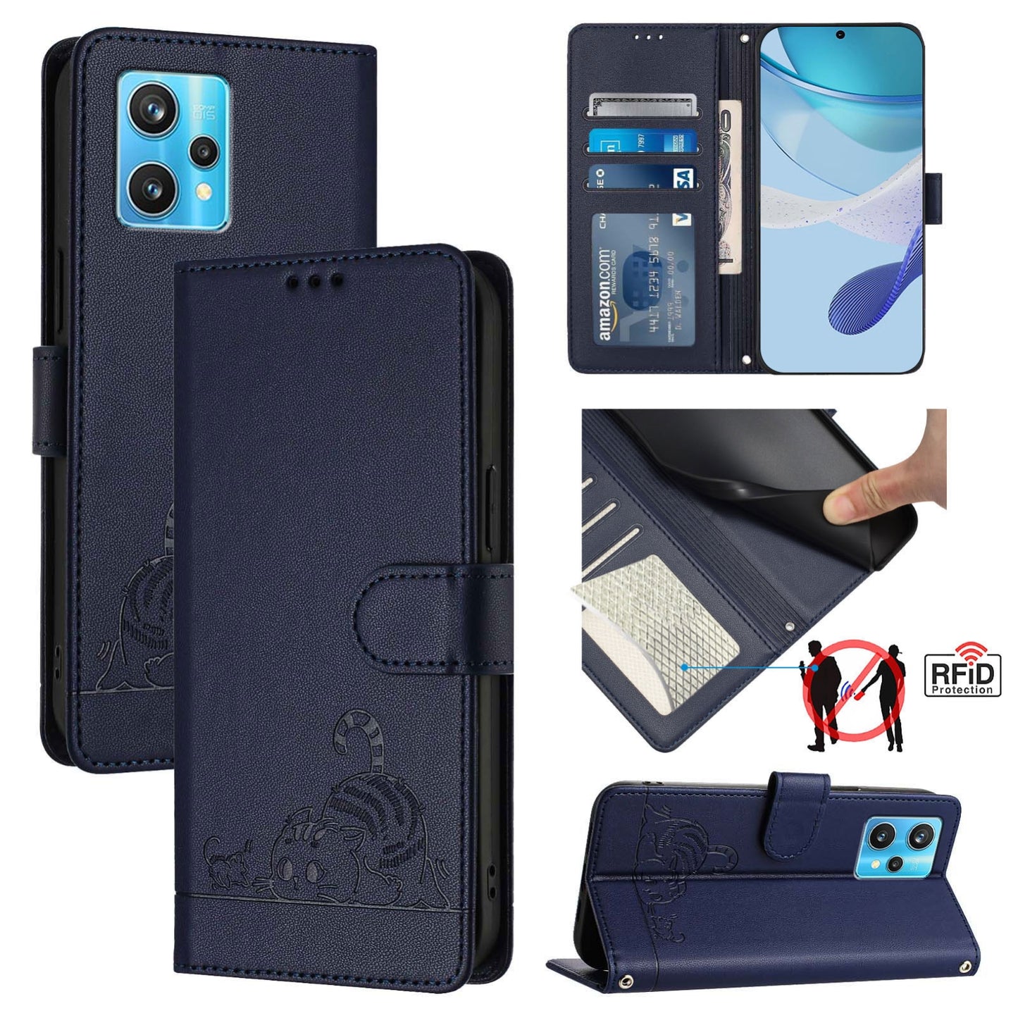 Realme 9 Pro+ 5G Cat & Rat Embossed RFID Leather Case, Lanyard, Wallet, Card Slots, Kickstand, Anti-Fall, Scratch-Resistant