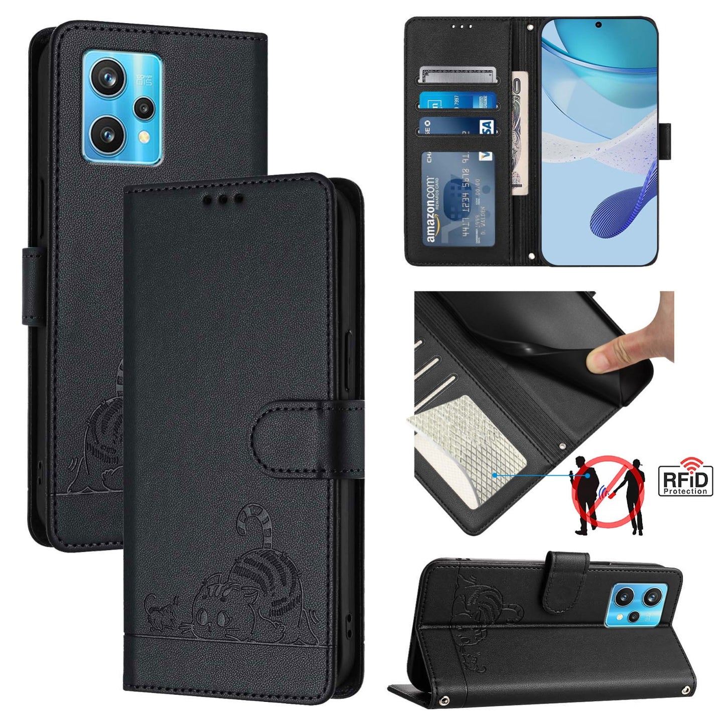 Realme 9 4G Global Cat & Rat Embossed RFID Leather Case, Lanyard, Wallet, Card Slots, Kickstand, Anti-Fall, Scratch-Resistant