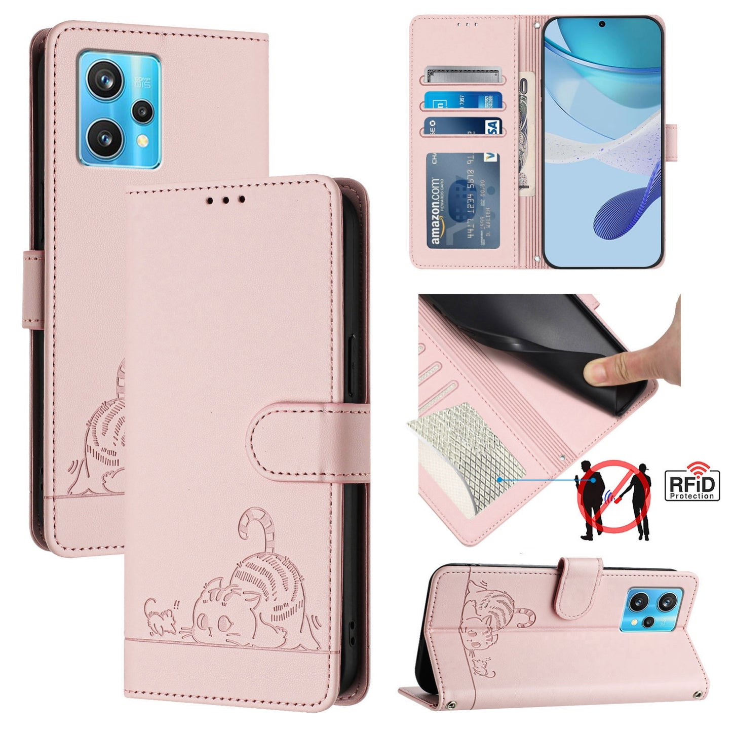 Realme Narzo 50 Pro 5G Cat & Rat Embossed RFID Leather Case, Lanyard, Wallet, Card Slots, Kickstand, Anti-Fall, Scratch-Resistant