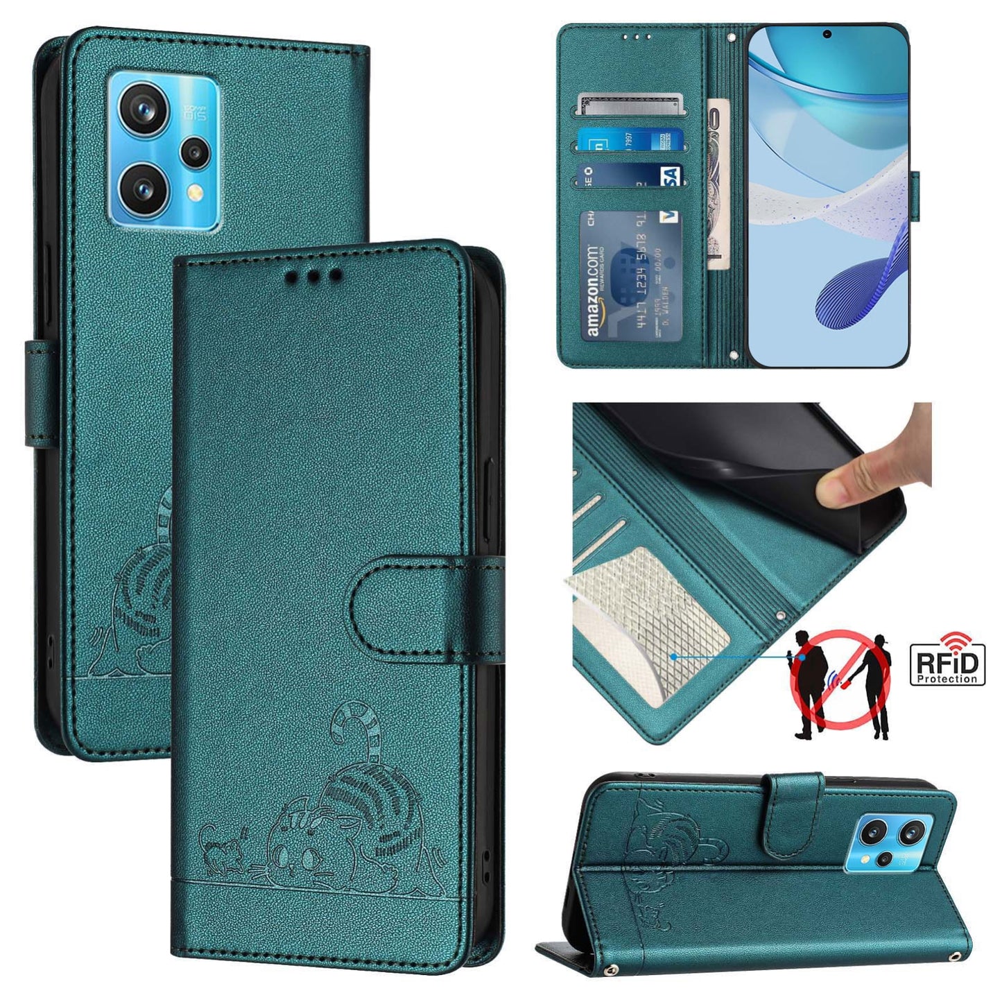 Realme Narzo 50 Pro 5G Cat & Rat Embossed RFID Leather Case, Lanyard, Wallet, Card Slots, Kickstand, Anti-Fall, Scratch-Resistant