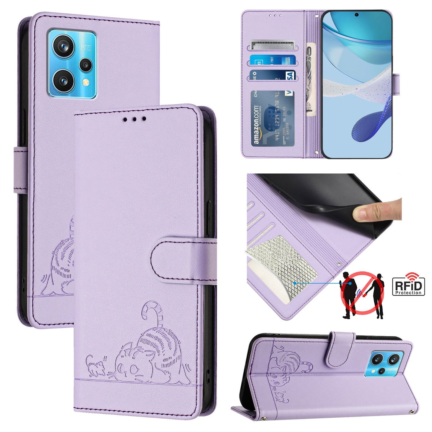 Realme Narzo 50 Pro 5G Cat & Rat Embossed RFID Leather Case, Lanyard, Wallet, Card Slots, Kickstand, Anti-Fall, Scratch-Resistant