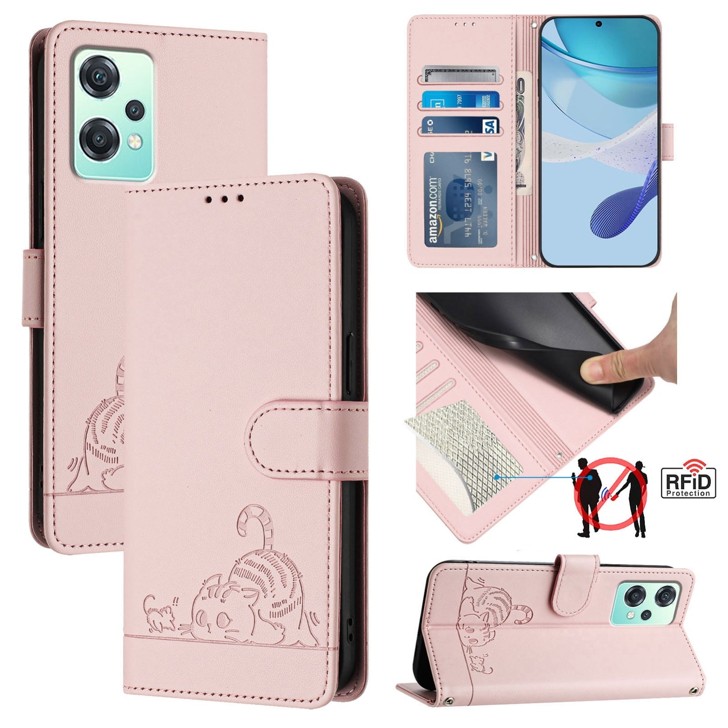 Realme 9 Pro 5G Global Cat & Rat Embossed RFID Leather Case, Lanyard, Wallet, Card Slots, Kickstand, Anti-Fall, Scratch-Resistant