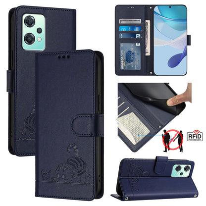 Realme 9 Pro 5G Global Cat & Rat Embossed RFID Leather Case, Lanyard, Wallet, Card Slots, Kickstand, Anti-Fall, Scratch-Resistant