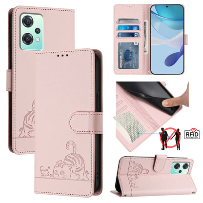 Realme 9 5G EU Version Cat & Rat Embossed RFID Leather Case, Lanyard, Wallet, Card Slots, Kickstand, Anti-Fall, Scratch-Resistant