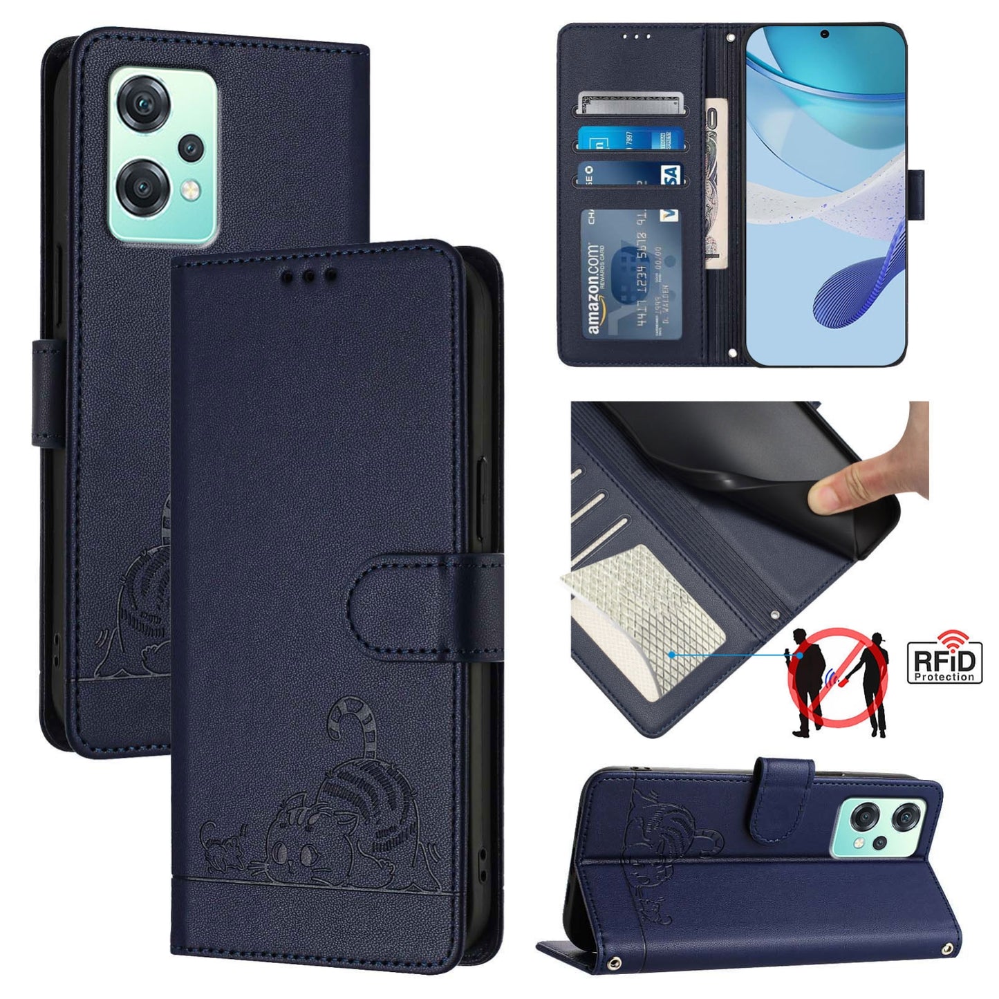 Realme 9 5G EU Version Cat & Rat Embossed RFID Leather Case, Lanyard, Wallet, Card Slots, Kickstand, Anti-Fall, Scratch-Resistant