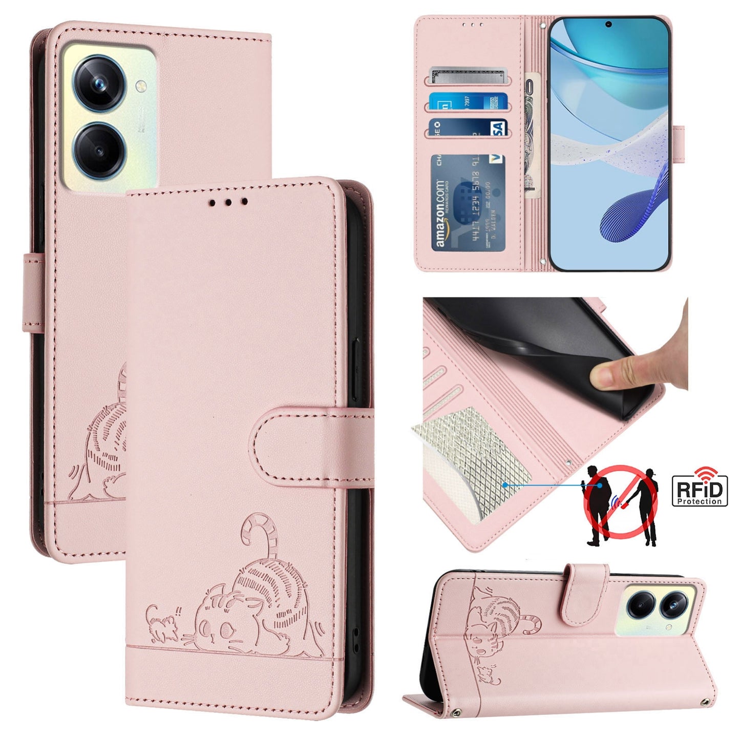 Realme 10 Pro 5G Cat & Rat Embossed RFID Leather Case, Lanyard, Wallet, Card Slots, Kickstand, Anti-Fall, Scratch-Resistant
