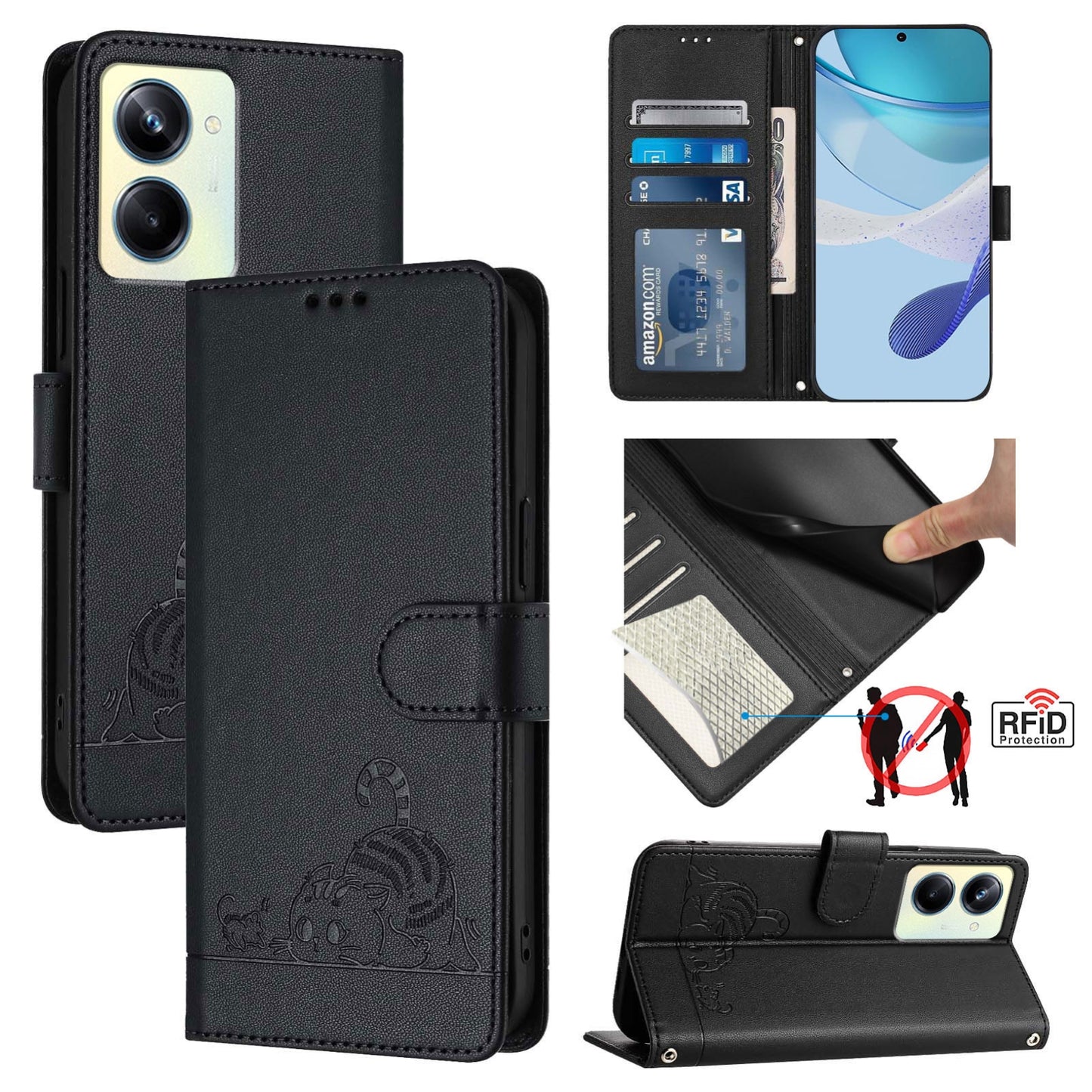 Realme 10 Pro 5G Cat & Rat Embossed RFID Leather Case, Lanyard, Wallet, Card Slots, Kickstand, Anti-Fall, Scratch-Resistant