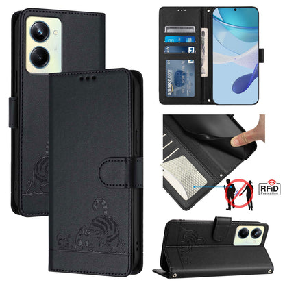 Realme 10 Pro 5G Cat & Rat Embossed RFID Leather Case, Lanyard, Wallet, Card Slots, Kickstand, Anti-Fall, Scratch-Resistant