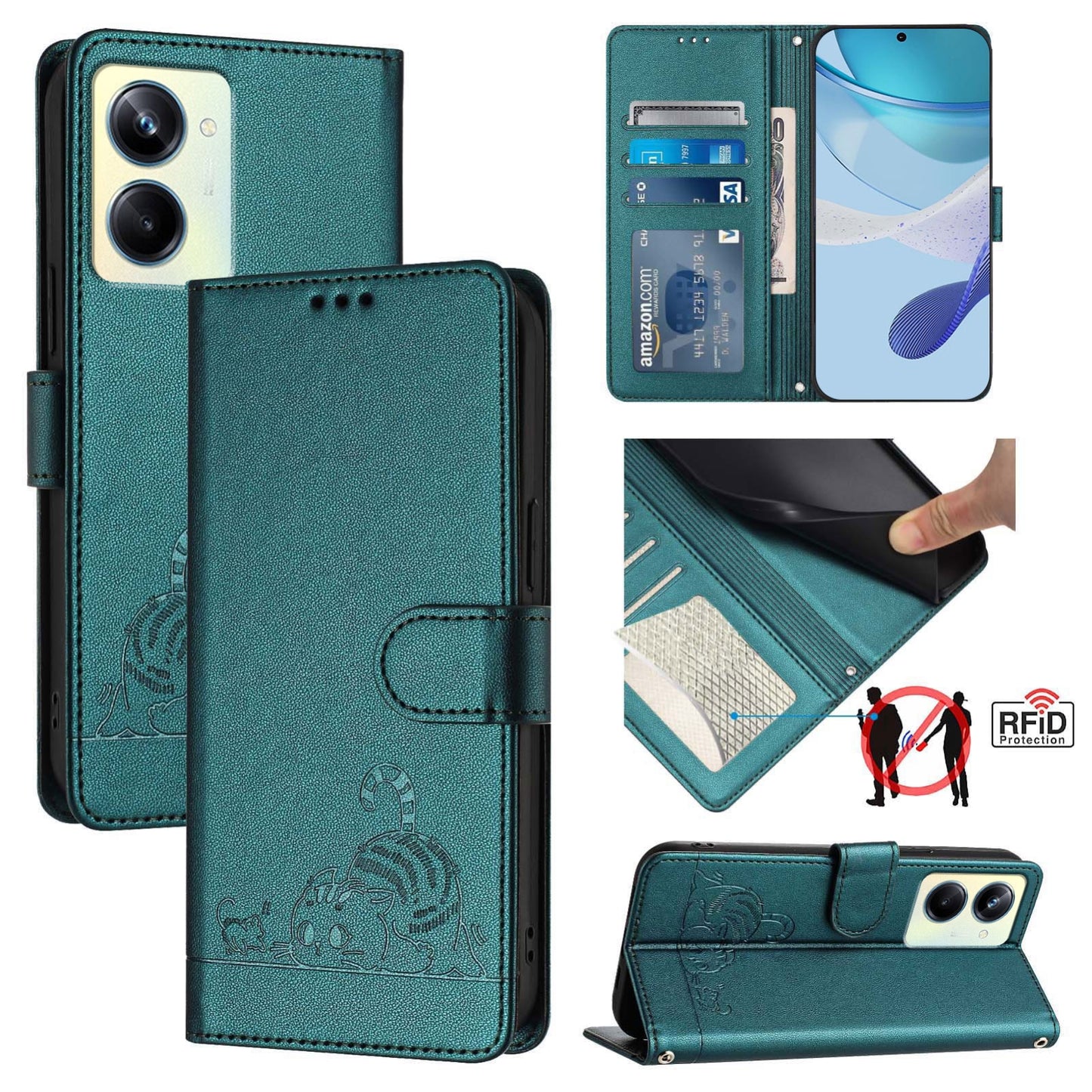 Realme 10 Pro 5G Cat & Rat Embossed RFID Leather Case, Lanyard, Wallet, Card Slots, Kickstand, Anti-Fall, Scratch-Resistant