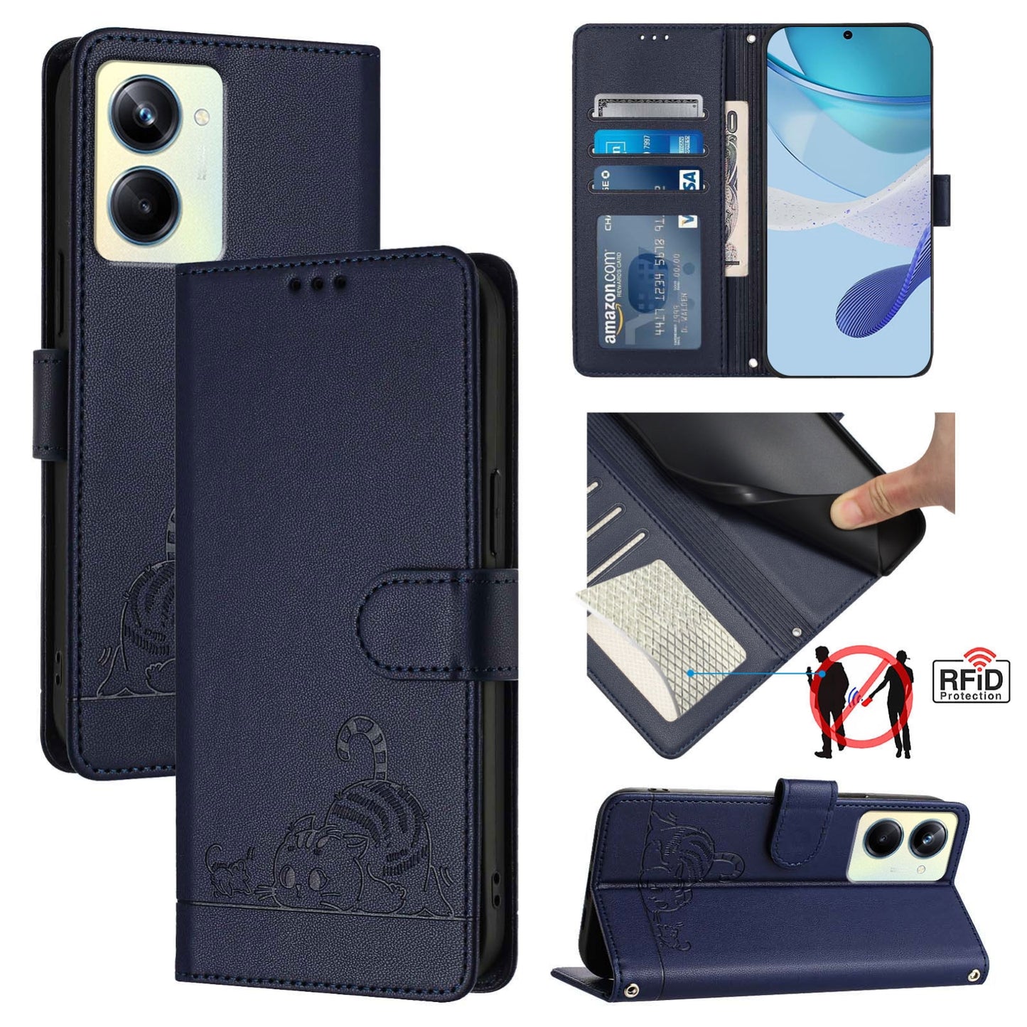Realme 10 Pro 5G Cat & Rat Embossed RFID Leather Case, Lanyard, Wallet, Card Slots, Kickstand, Anti-Fall, Scratch-Resistant
