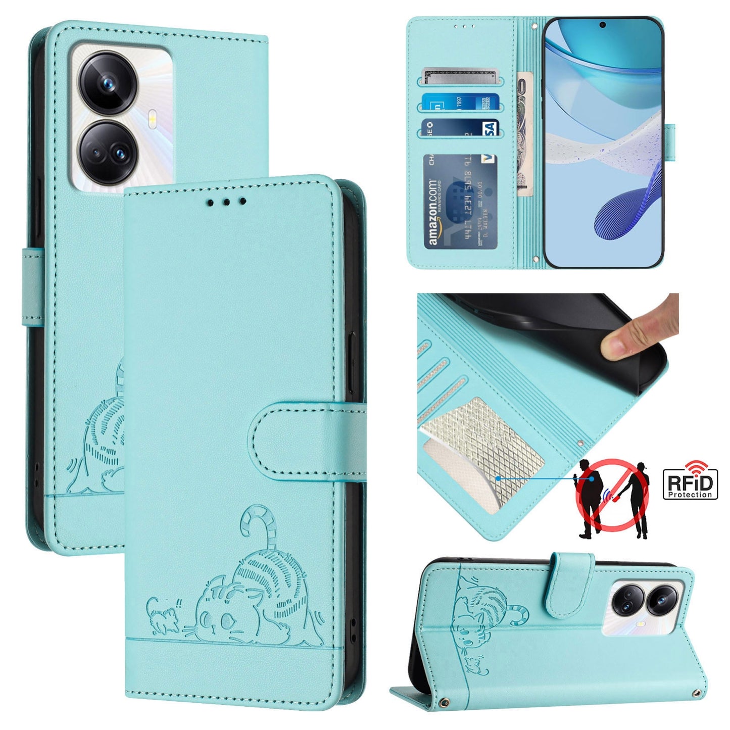 Realme 10 Pro+ 5G Cat & Rat Embossed RFID Leather Case, Lanyard, Wallet, Card Slots, Kickstand, Anti-Fall, Scratch-Resistant