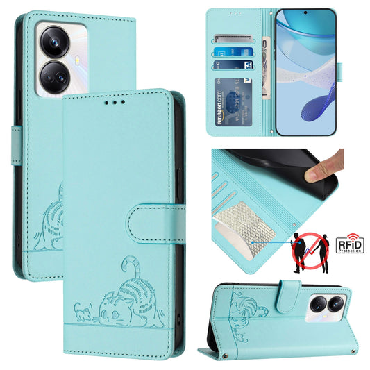 Realme 10 Pro+ 5G Cat & Rat Embossed RFID Leather Case, Lanyard, Wallet, Card Slots, Kickstand, Anti-Fall, Scratch-Resistant