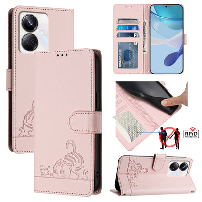 Realme 10 Pro+ 5G Cat & Rat Embossed RFID Leather Case, Lanyard, Wallet, Card Slots, Kickstand, Anti-Fall, Scratch-Resistant