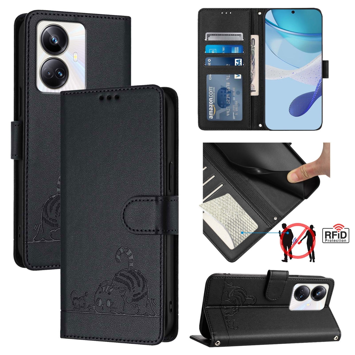 Realme 10 Pro+ 5G Cat & Rat Embossed RFID Leather Case, Lanyard, Wallet, Card Slots, Kickstand, Anti-Fall, Scratch-Resistant