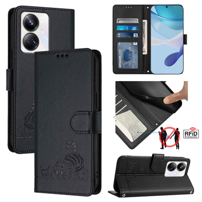 Realme 10 Pro+ 5G Cat & Rat Embossed RFID Leather Case, Lanyard, Wallet, Card Slots, Kickstand, Anti-Fall, Scratch-Resistant