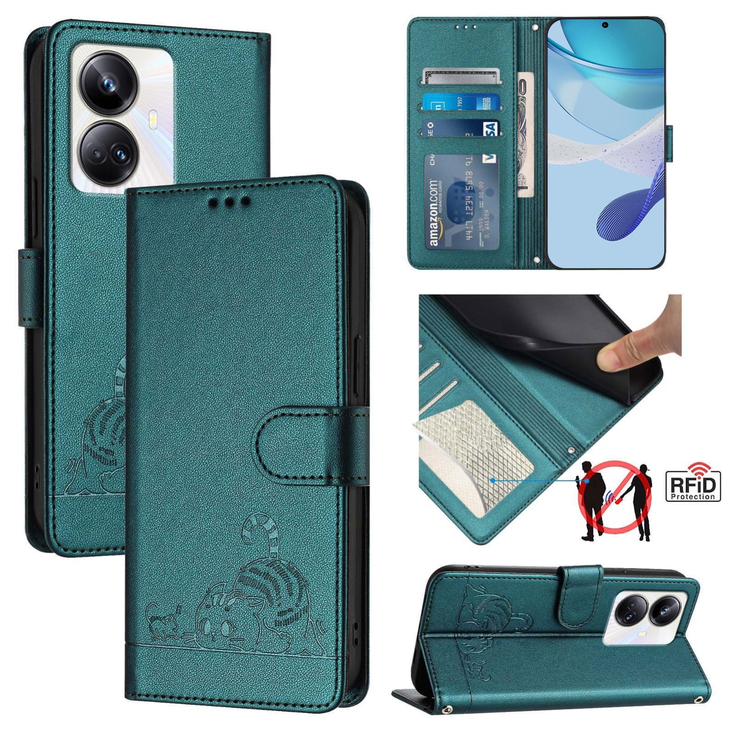 Realme 10 Pro+ 5G Cat & Rat Embossed RFID Leather Case, Lanyard, Wallet, Card Slots, Kickstand, Anti-Fall, Scratch-Resistant