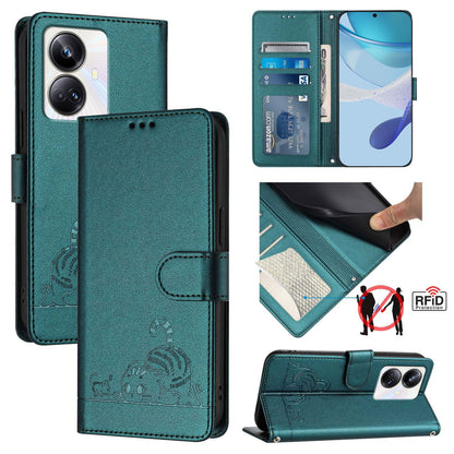 Realme 10 Pro+ 5G Cat & Rat Embossed RFID Leather Case, Lanyard, Wallet, Card Slots, Kickstand, Anti-Fall, Scratch-Resistant