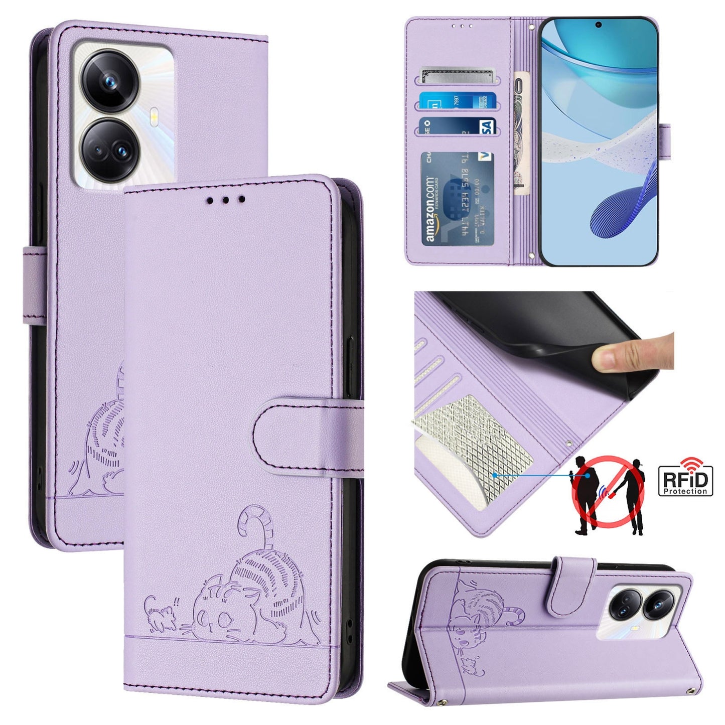 Realme 10 Pro+ 5G Cat & Rat Embossed RFID Leather Case, Lanyard, Wallet, Card Slots, Kickstand, Anti-Fall, Scratch-Resistant