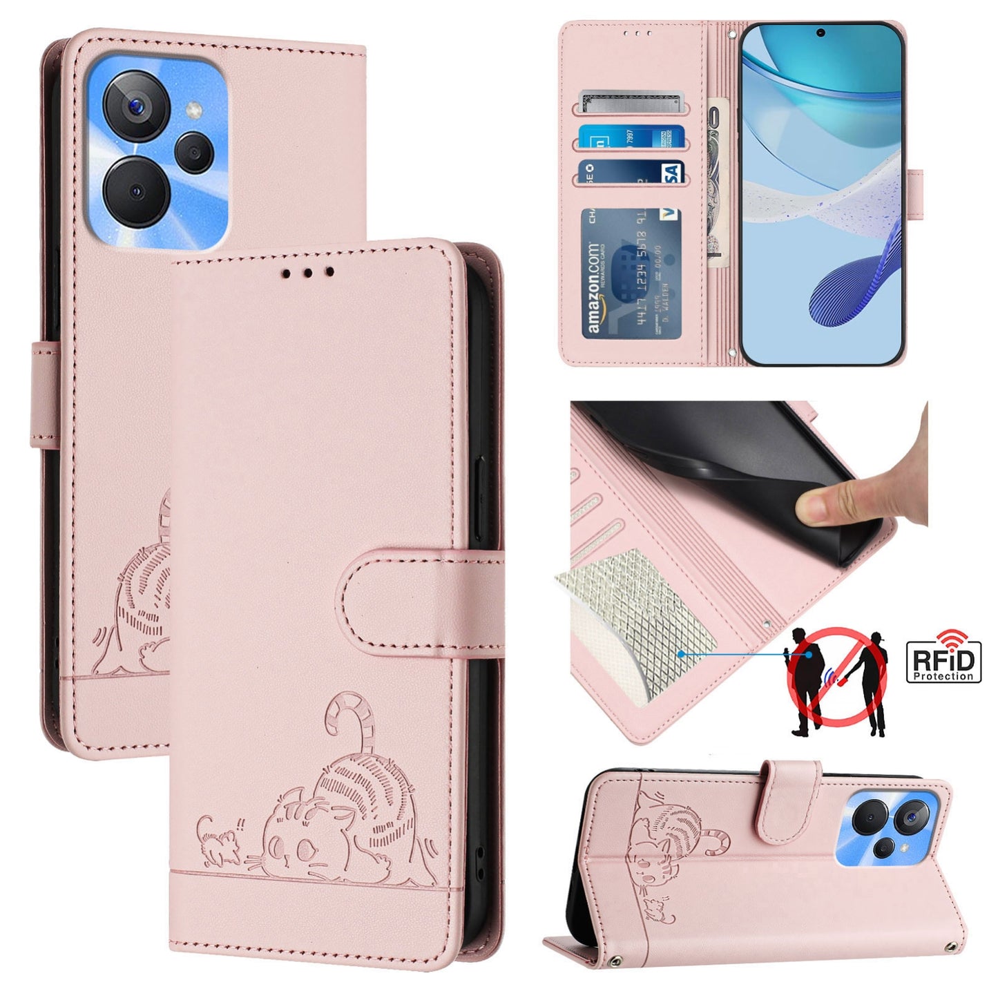 Realme 10S 5G Cat & Rat Embossed RFID Leather Case, Lanyard, Wallet, Card Slots, Kickstand, Anti-Fall, Scratch-Resistant