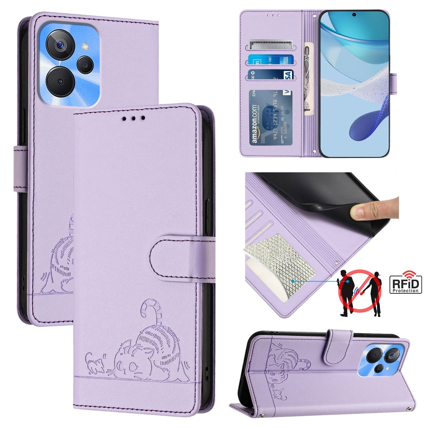 Realme 10S 5G Cat & Rat Embossed RFID Leather Case, Lanyard, Wallet, Card Slots, Kickstand, Anti-Fall, Scratch-Resistant