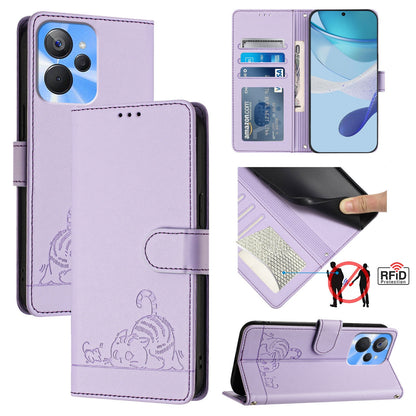 Realme 9i 5G India Cat & Rat Embossed RFID Leather Case, Lanyard, Wallet, Card Slots, Kickstand, Anti-Fall, Scratch-Resistant