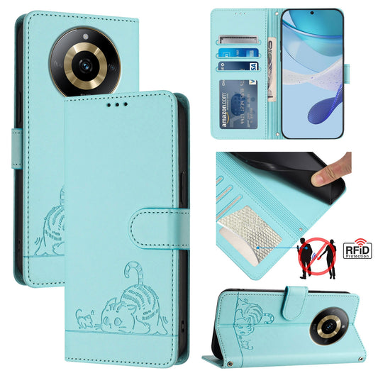 Realme 11 4G Global Cat & Rat Embossed RFID Leather Case, Lanyard, Wallet, Card Slots, Kickstand, Anti-Fall, Scratch-Resistant