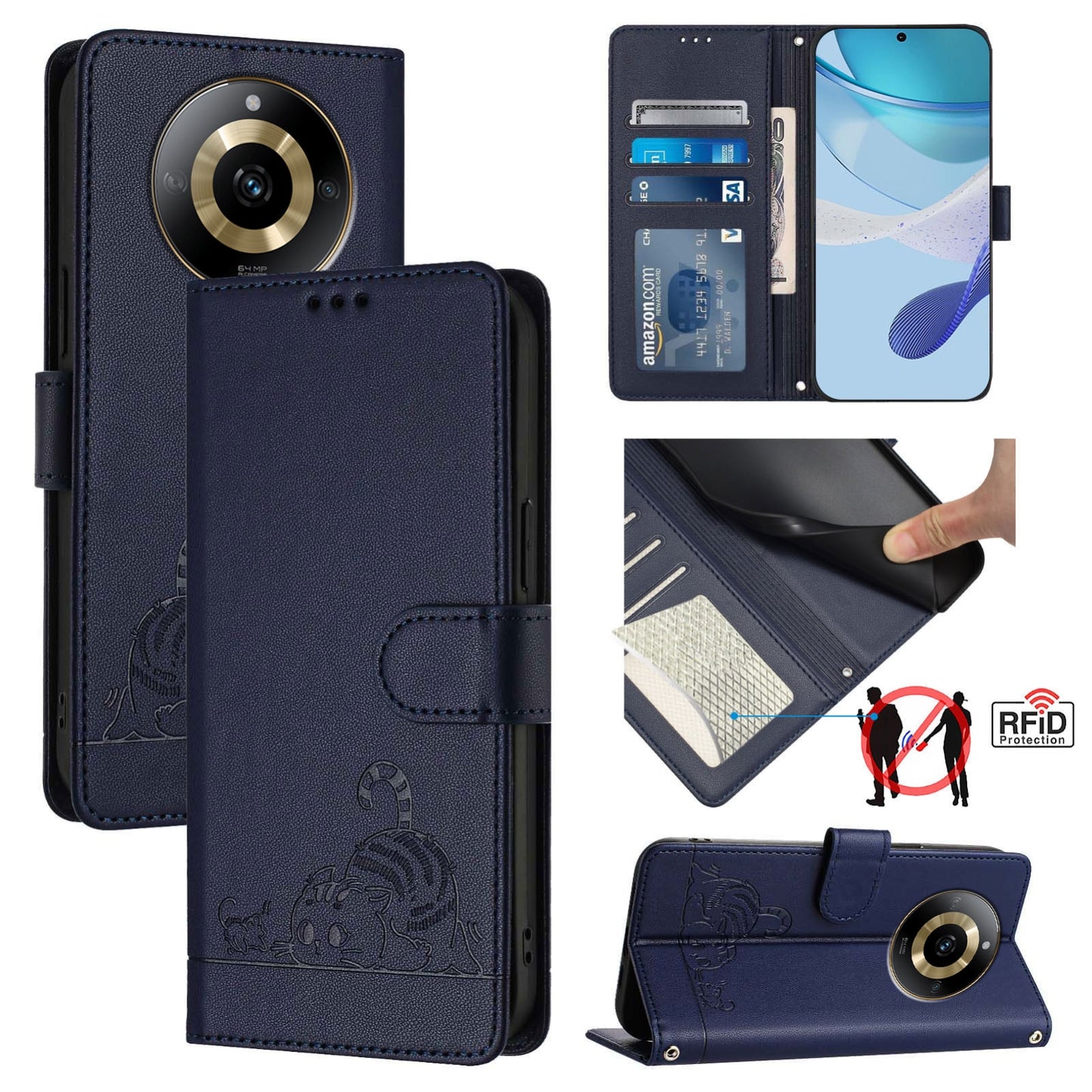 Realme 11 4G Global Cat & Rat Embossed RFID Leather Case, Lanyard, Wallet, Card Slots, Kickstand, Anti-Fall, Scratch-Resistant