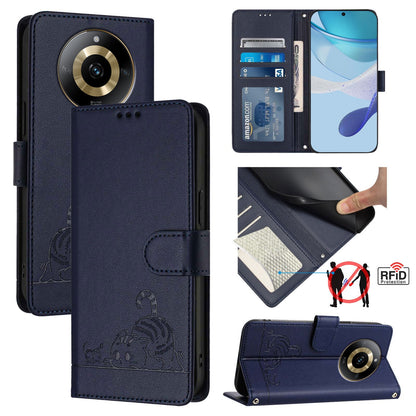 Realme 11 4G Global Cat & Rat Embossed RFID Leather Case, Lanyard, Wallet, Card Slots, Kickstand, Anti-Fall, Scratch-Resistant