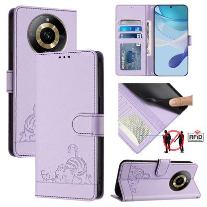 Realme 11 4G Global Cat & Rat Embossed RFID Leather Case, Lanyard, Wallet, Card Slots, Kickstand, Anti-Fall, Scratch-Resistant
