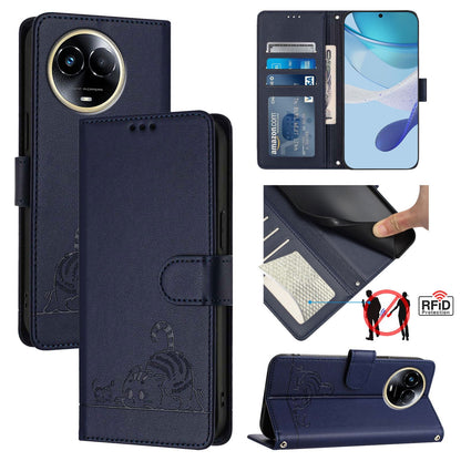 Realme 11 5G Global Cat & Rat Embossed RFID Leather Case, Lanyard, Wallet, Card Slots, Kickstand, Anti-Fall, Scratch-Resistant