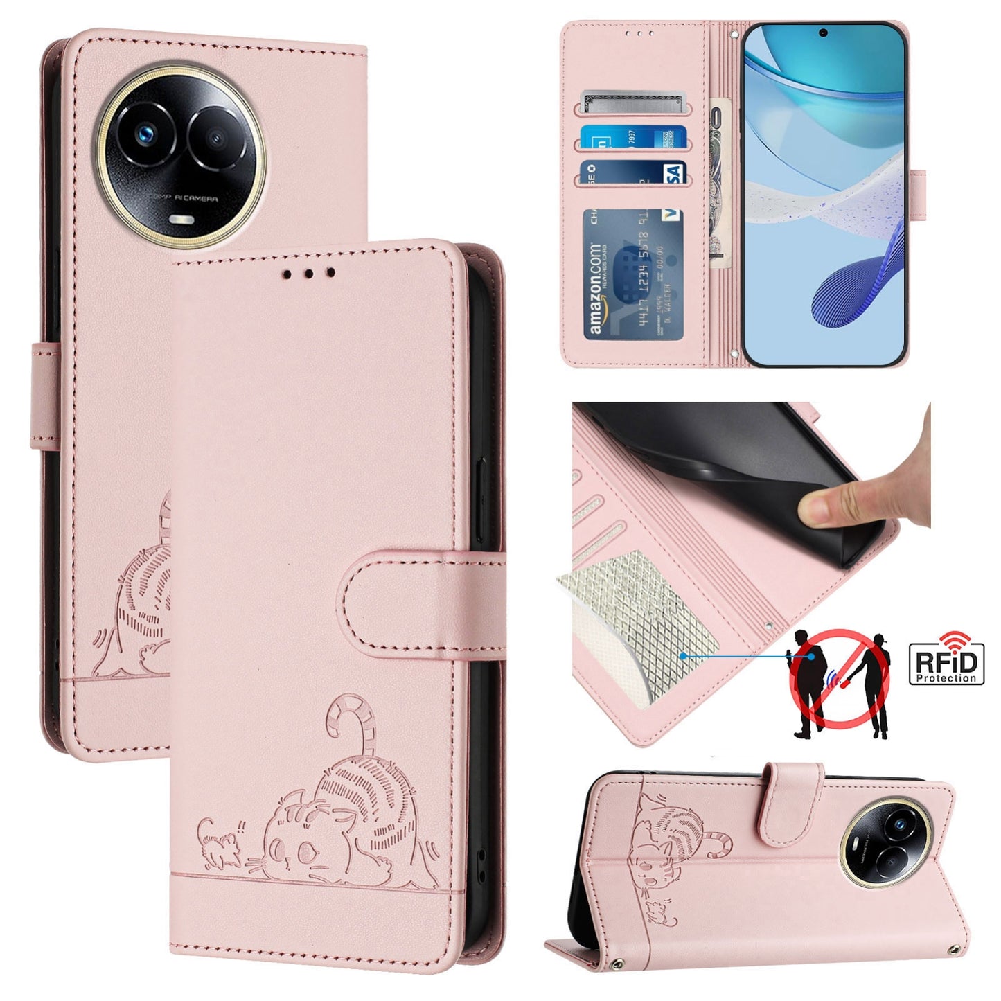 Realme C67 5G Cat & Rat Embossed RFID Leather Case, Lanyard, Wallet, Card Slots, Kickstand, Anti-Fall, Scratch-Resistant