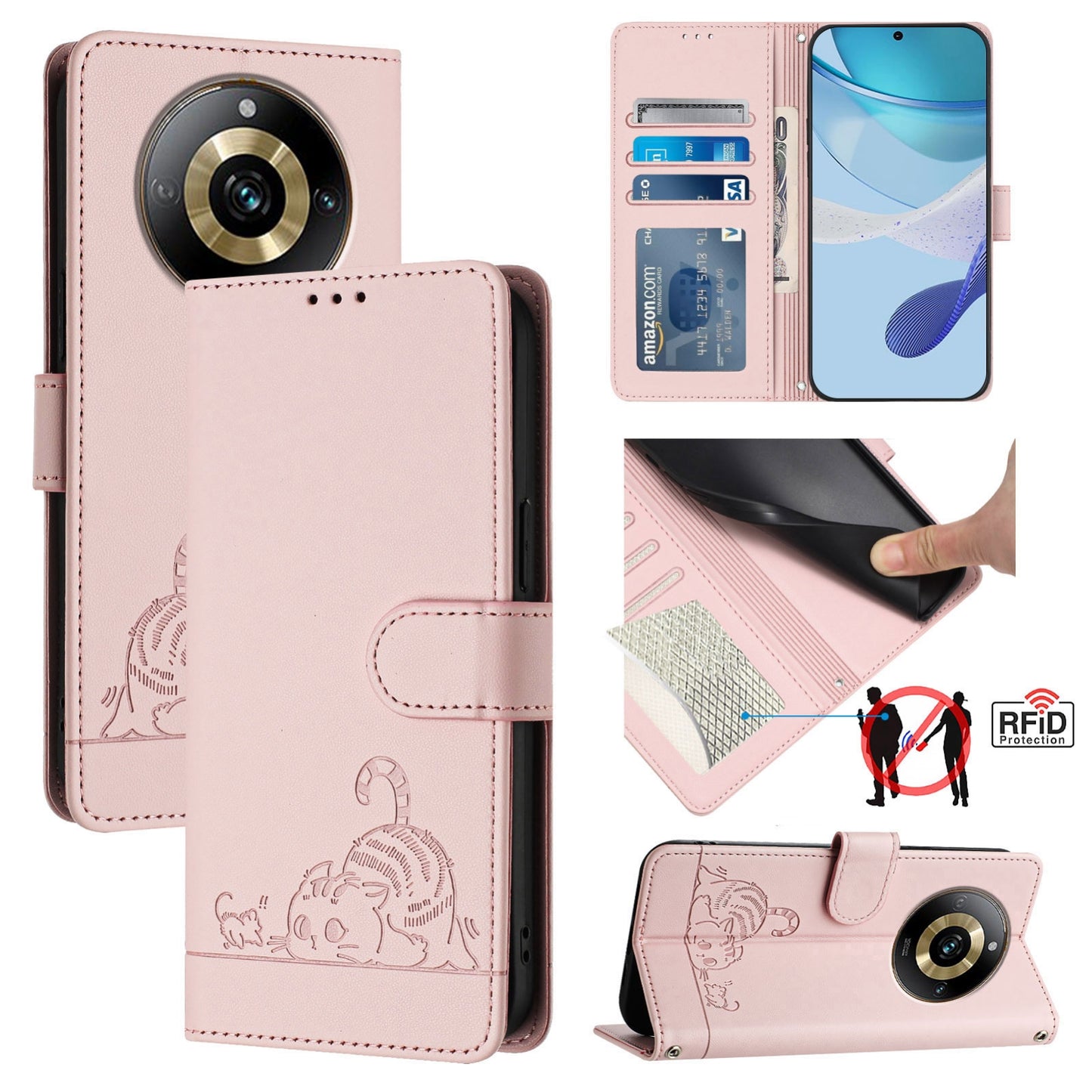 Realme Narzo 60 Pro Global Cat & Rat Embossed RFID Leather Case, Lanyard, Wallet, Card Slots, Kickstand, Anti-Fall, Scratch-Resistant
