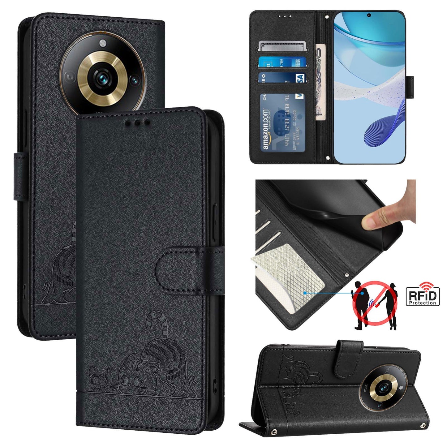 Realme Narzo 60 Pro Global Cat & Rat Embossed RFID Leather Case, Lanyard, Wallet, Card Slots, Kickstand, Anti-Fall, Scratch-Resistant