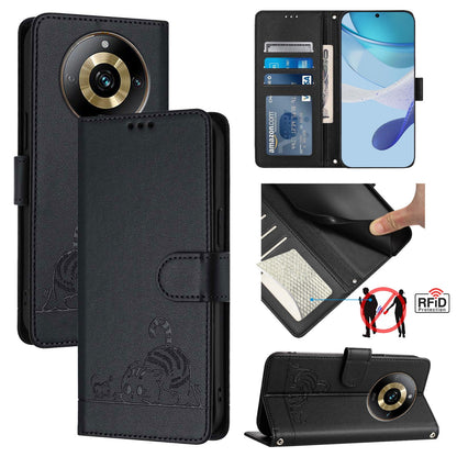 Realme Narzo 60 Pro Global Cat & Rat Embossed RFID Leather Case, Lanyard, Wallet, Card Slots, Kickstand, Anti-Fall, Scratch-Resistant