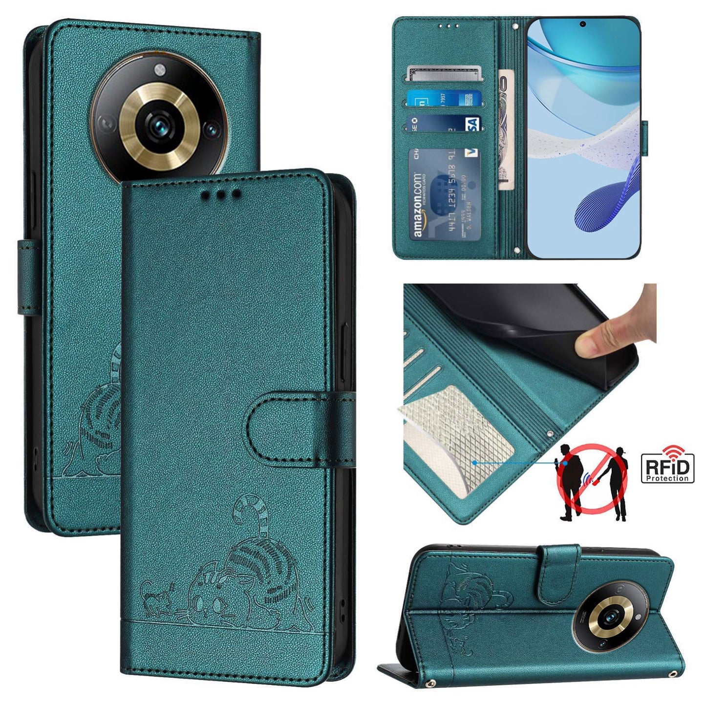 Realme Narzo 60 Pro Global Cat & Rat Embossed RFID Leather Case, Lanyard, Wallet, Card Slots, Kickstand, Anti-Fall, Scratch-Resistant