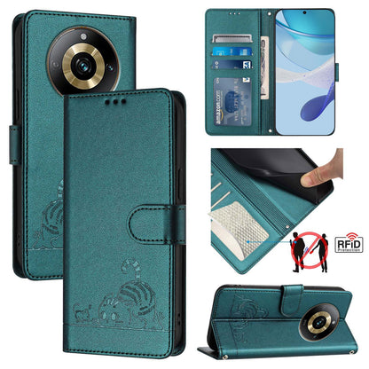 Realme Narzo 60 Pro Global Cat & Rat Embossed RFID Leather Case, Lanyard, Wallet, Card Slots, Kickstand, Anti-Fall, Scratch-Resistant