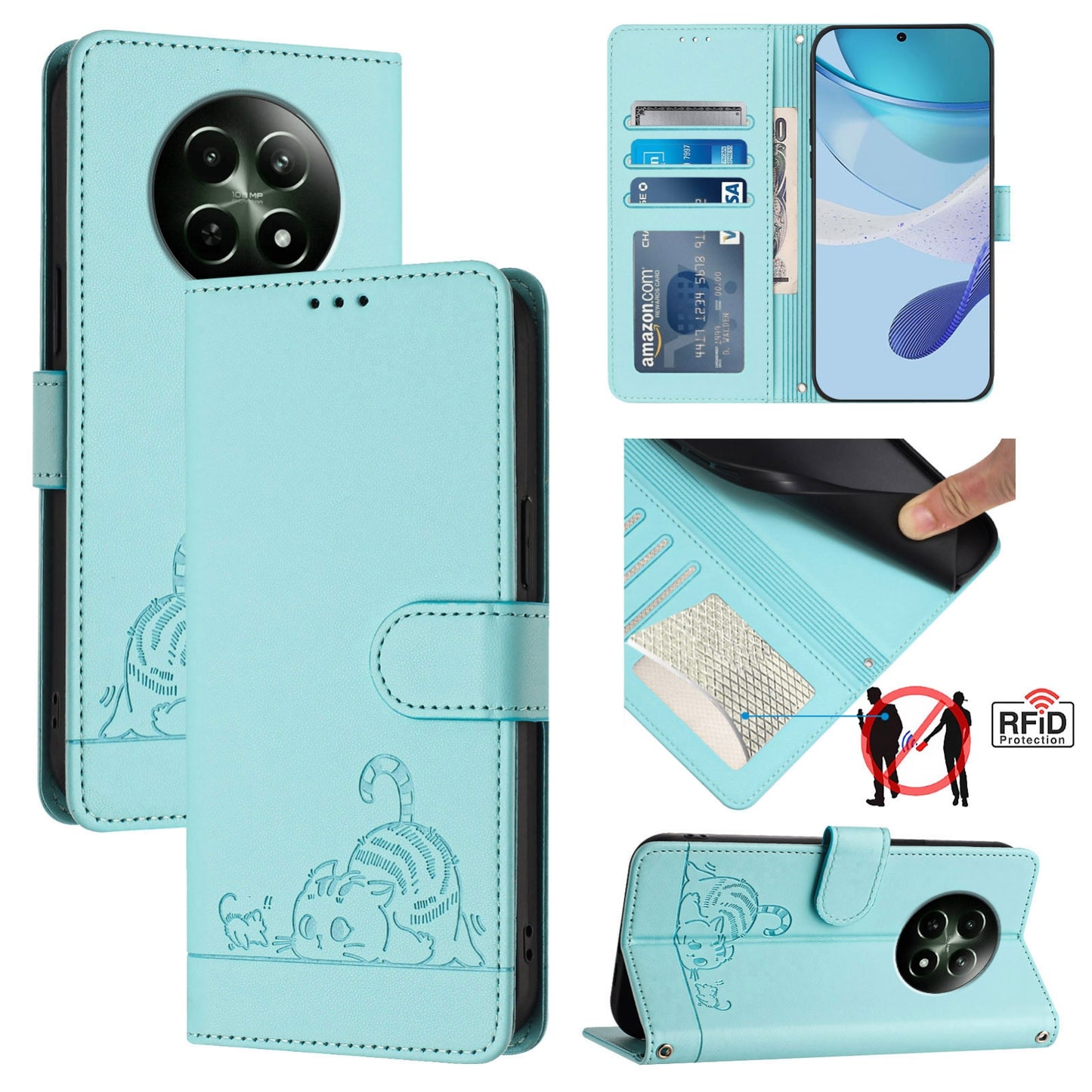 Realme 12 5G Global Cat & Rat Embossed RFID Leather Case, Lanyard, Wallet, Card Slots, Kickstand, Anti-Fall, Scratch-Resistant