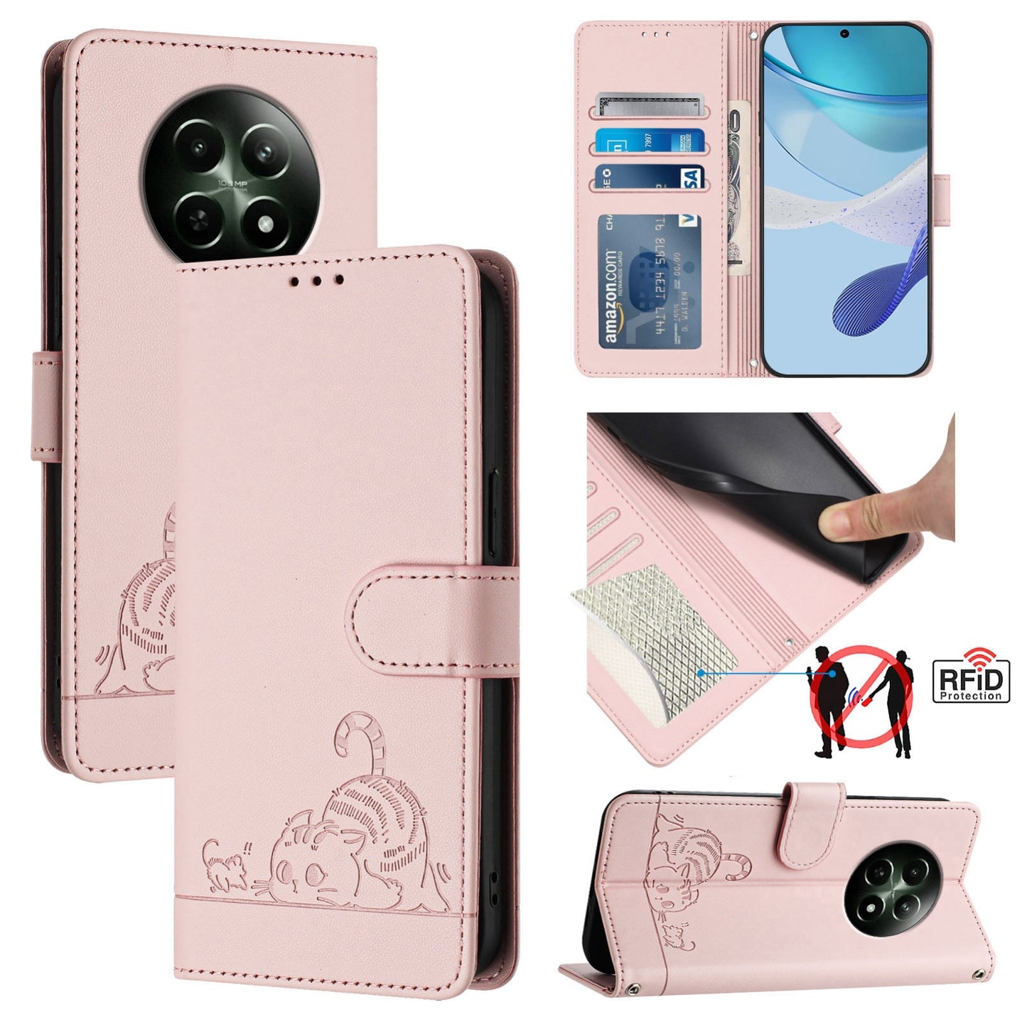 Realme 12 5G Global Cat & Rat Embossed RFID Leather Case, Lanyard, Wallet, Card Slots, Kickstand, Anti-Fall, Scratch-Resistant