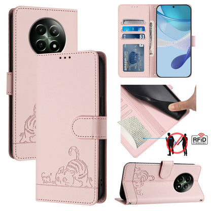 Realme 12 5G Global Cat & Rat Embossed RFID Leather Case, Lanyard, Wallet, Card Slots, Kickstand, Anti-Fall, Scratch-Resistant