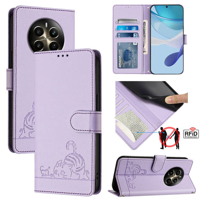 Realme 12+ 5G Global Cat & Rat Embossed RFID Leather Case, Lanyard, Wallet, Card Slots, Kickstand, Anti-Fall, Scratch-Resistant