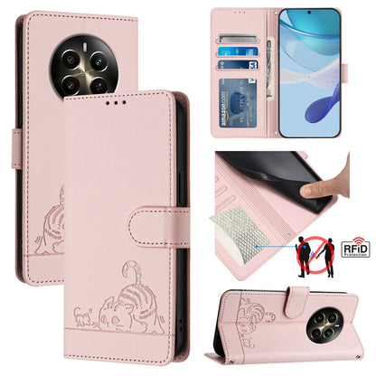 Realme Narzo 70 Pro 5G Cat & Rat Embossed RFID Leather Case, Lanyard, Wallet, Card Slots, Kickstand, Anti-Fall, Scratch-Resistant