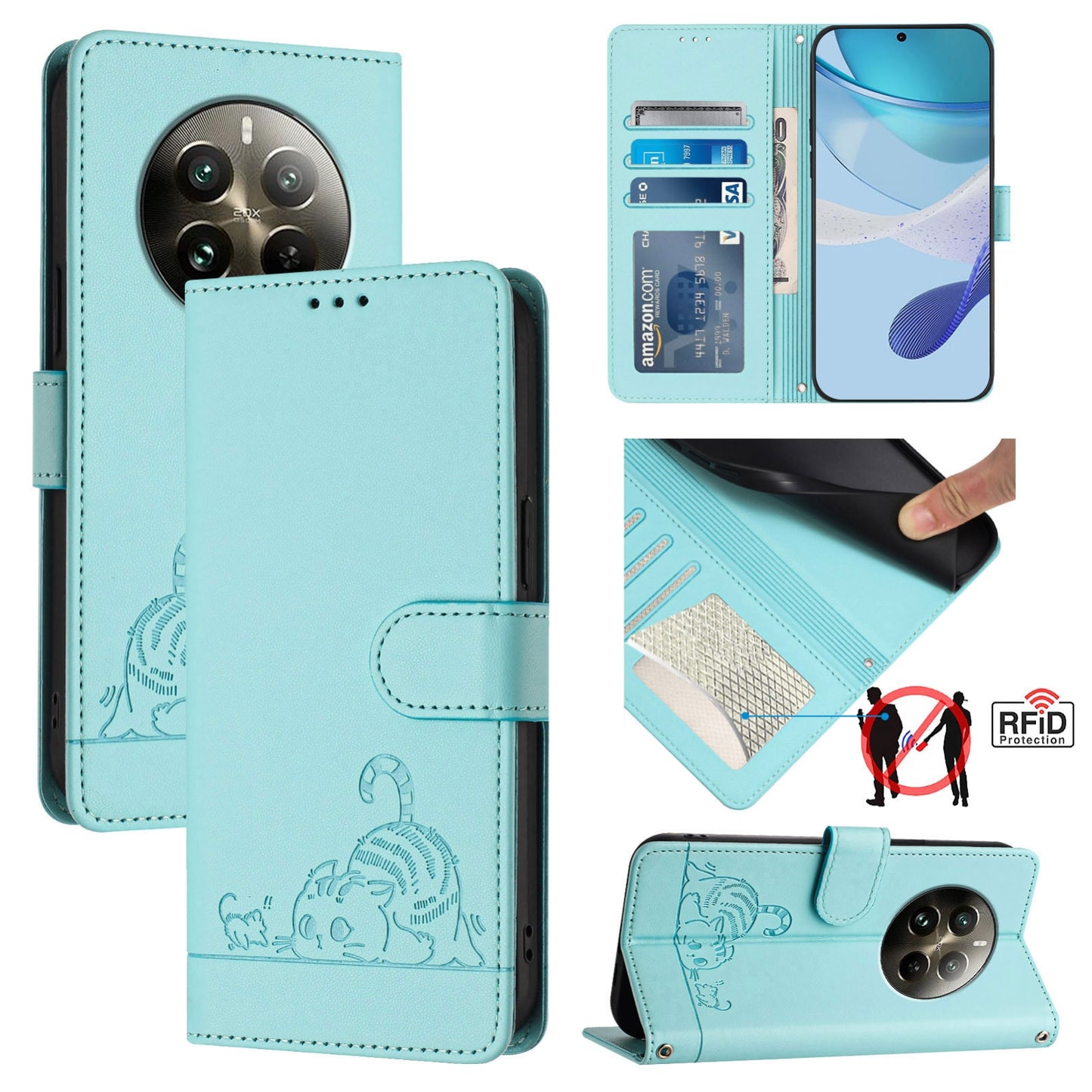 Realme 12 Pro 5G Global Cat & Rat Embossed RFID Leather Case, Lanyard, Wallet, Card Slots, Kickstand, Anti-Fall, Scratch-Resistant