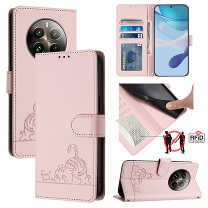 Realme 12 Pro 5G Global Cat & Rat Embossed RFID Leather Case, Lanyard, Wallet, Card Slots, Kickstand, Anti-Fall, Scratch-Resistant